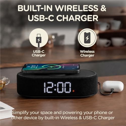 Fabric Digital Alarm Clock for Bedroom, Wireless Charging, Beige - Image 4
