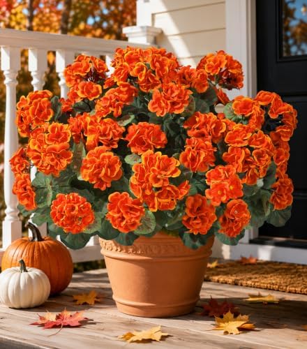 Fake Geraniums Artificial Flowers for Outdoors, 6 Bundles Silk Geraniums Flowers Realistic UV Resistant Fake Plants Faux Flower for Outside Planters Front Door Garden Balcony Yard Porch Indoor, Orange by INSPRING