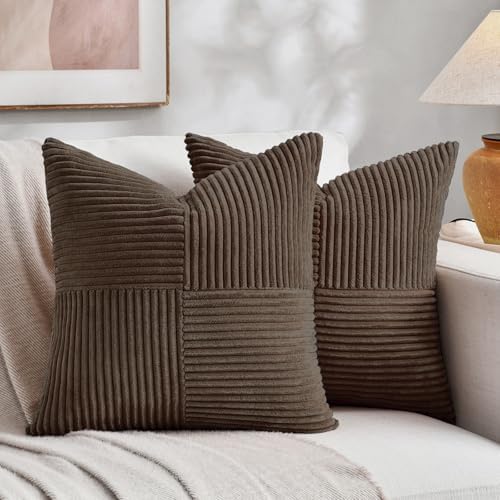 Fancy Homi 2 Packs Dark Brown Decorative Throw Pillow Covers 20x20 Inch for Living Room Couch Bed Sofa, Rustic Farmhouse Boho Home Decor, Soft Corss Corduroy Patchwork Accent Cushion Case 50x50 cm by Fancy+Homi