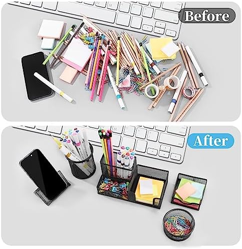 Mesh Pen Holder for Desk Pencil Holders 5 Pieces Desk Organizer Office Supplies Caddy with Sticky Notes Holder for Office School Home Black - Image 5