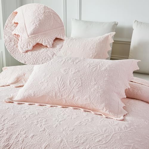 Brandream Standard Size Quilted Pillow Shams Cotton Set of 2 Light Pink Farmhouse Scallop Edge Decorative Pillow Covers - Image 2