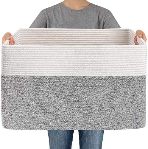 JMvicyroam 65L Large Woven Cotton Rope Blanket Basket, White&Grey by JMvicyroam