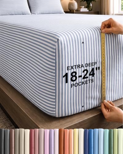 CGK Extra Deep Split King Single Fitted Sheet Only - Blue Stripes by CGKUnlimited