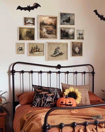 Vodefoad Vintage Halloween Wall Art Prints of 10, Retro Cute Ghost Canvas Decor, Spooky Witchy Pictures for Halloween Wall Paintings, Moody Autumn Landscape Canvas Oil Painting, Gothic Dark Aesthetic Posters Prints for Bedroom Gallery Decor Unframed - Image 3