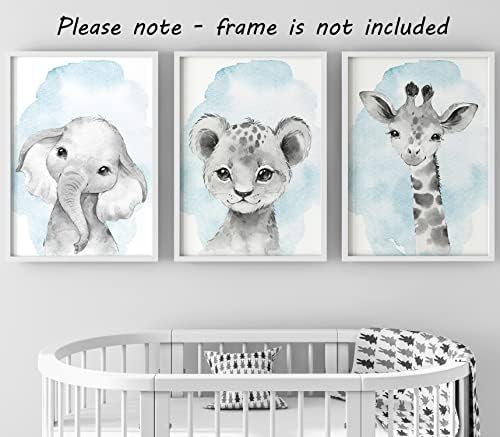 Safari Animals Baby Boys Nursery Set of 3 Unframed Wall Art Prints, Gray Baby Animals with Blue Watercolor Style Splash, Elephant Lion Giraffe, Child Bedroom Nursery Decor Posters (11x14) - Image 3