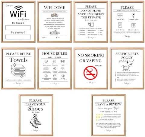 Kacenamo 10 Wall Art Print Welcome Kit Signs Unframed, Vacation Rental Airbnb Host Essentials, Welcome, House Rules, Do Not Flush, WiFi, Leave Shoes, Reuse Towels, Pets Policy, No Smoking (11"×14") by Kacenamo