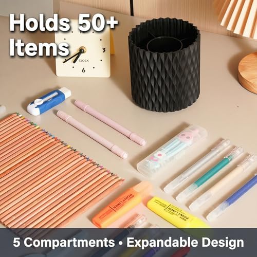 Black Pen Holder for Desk, 360° Rotating Pencil Organizer, 5 Slots - Image 6