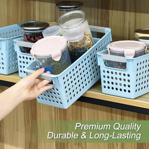 Soddeph 4 Pack Slim Plastic Storage Basket with Handles, Rectangular Storage Bins for Shelves,Narrow Organizer box for Organizing, Kitchen,Home,Office (Blue, Small) - Image 4