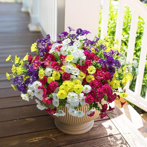 HyeFlora Artificial Flowers for Outdoors Fake Plants Outside Decoration, 12 Bundles Silk Colorful Morning Glory with Eucalyptus UV Resistant Realistic Faux Flowers for Planter Front Door Garden Yard - Image 2