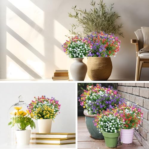 8 Bundles Artificial Flowers, Fake Artificial Greenery UV Resistant No Fade Faux Plastic Plants for Wedding Bridle Bouquet Indoor Outdoor Home Garden Kitchen Office Table Vase - Image 3