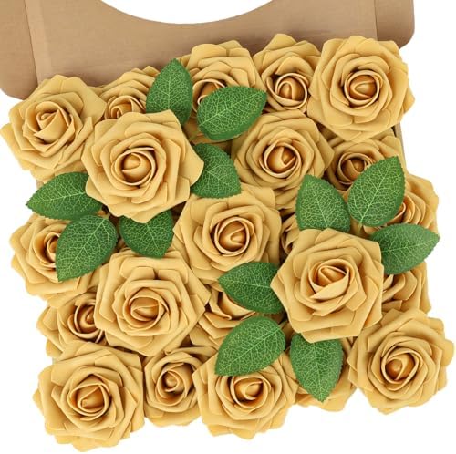 Artificial Flowers Real Touch Fake Roses with Stem Decor,25Pcs-Gold Yellow by NTNIETING