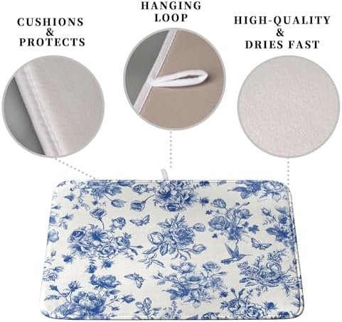 Dish Drying Mat for Kitchen Counter Blue and White Floral Drying Mats Chinoiserie Vintage Flowers Dish Drying Pad for Dishes Microfiber Absorbent Dish Drainer Rack Mat for Countertop 16x18 Inch - Image 3