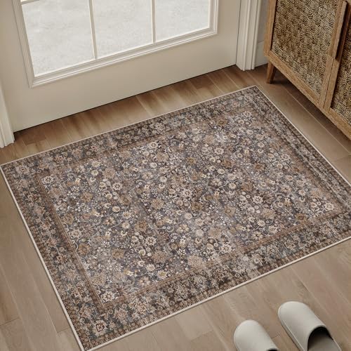 HUGEAR 2x3 Brown Blue Vintage Floral Washable Area Rug for Entryway by HUGEAR