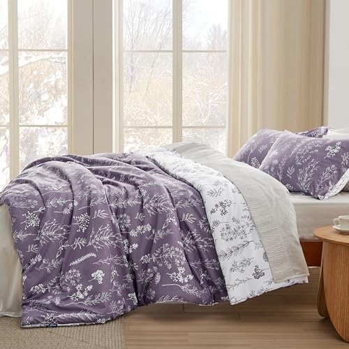 Bedsure Floral Comforter Set Cute Bedding Full Reversible Grayish Purple - Image 4