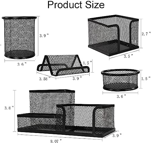 Mesh Pen Holder for Desk Pencil Holders 5 Pieces Desk Organizer Office Supplies Caddy with Sticky Notes Holder for Office School Home Black - Image 6