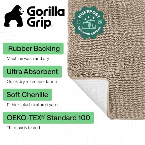 GORILLA GRIP Bath Rug Mat for Bathroom, Absorbent Chenille 30x20 Gray Beige - Image 2