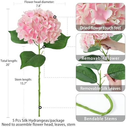 ZYTUYO 5 Pcs Pink/White Silk Hydrangeas Aritificial Flower Boho 20'' Faux Hydrangeas for Spring Indoor Home Decor Kitchen Living Room Baby Shower Outdoor Wedding Table Centerpiece - Image 4