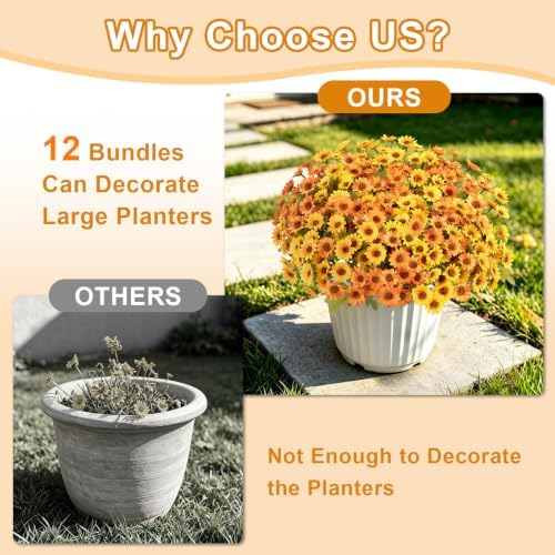 Artificial Daisy Mums for Outdoors, 12 PCS Fall Flowers, Yellow+Orange - Image 3