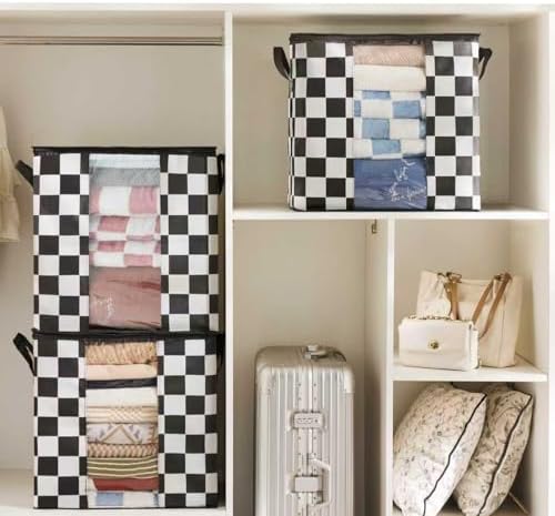 Ohocut Black and White Checkered Clothes Storage Bins, 100L Large Blanket Storage Bags 3 Pack, Closet Organizers and Storage Containers for Comforters, Bedding, Foldable Organizer with Handle - Image 3