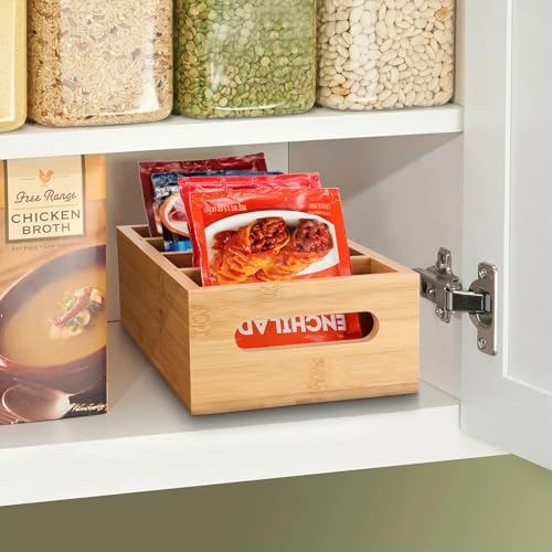 BSTKEY Seasoning Packet Organizer, Food Storage Organizer with 4 Removable Dividers, Bamboo Storage Caddy for Pantry Kitchen Cabinet, Kitchen Organization Bin with Handle for Snacks Spice Packets - Image 5