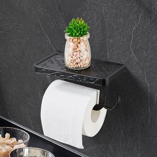 Vintage Toilet Paper Holder Wall Mount Toilet Roll Holder with Shelf and Hook Bronze Antique Bathroom Accessories Toilet Tissue Roll Holder Hanger Aluminum Material (Black) - Image 2