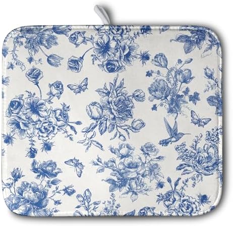 Dish Drying Mat for Kitchen Counter Blue and White Floral Drying Mats Chinoiserie Vintage Flowers Dish Drying Pad for Dishes Microfiber Absorbent Dish Drainer Rack Mat for Countertop 16x18 Inch by Kwlegh