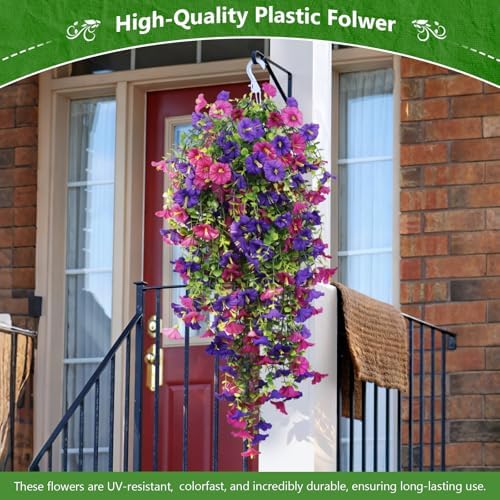 Fake Hanging Plants, Faux Hanging Plant Artificial Greenery for Living Room Bedroom Boho Wall Shelf Indoor Outdoor Decor (4-Pack, Purple Pink Morning Glory) - Image 2