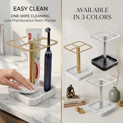 Stainless Toothbrush Holder，3-Slot Design with Resin Marble Base - Image 2