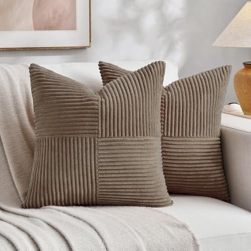 Fancy Homi Set of 2, Light Brown Patchwork Corduroy Decorative Soft Striped Modern Accent Cushion Case Farmhouse Boho Neutral Throw Pillow Covers for Chair Couch Bed Sofa Living Room 20x20 Inch by Fancy+Homi