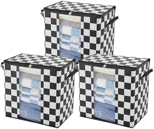 Ohocut Black and White Checkered Clothes Storage Bins, 100L Large Blanket Storage Bags 3 Pack, Closet Organizers and Storage Containers for Comforters, Bedding, Foldable Organizer with Handle by Ohocut
