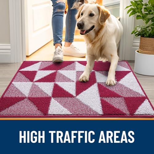 OLANLY Door Mat Indoor Entrance Washable 32x20, Odor-Free Low-Profile Front Back Geometric Doormat, Absorbent Resist Dirt Entry Carpet, Easy to Clean Sturdy Inside Floor Mats for Entryway, Burgundy - Image 5