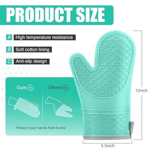 Silicone Oven Mitts, Heat Resistant 2PCS Oven Mitts with Soft Cotton Lining, Waterproof Non-Slip Grip Oven Glove, Kitchen Potholder Mits for BBQ, Baking, Cooking, 12.5 Inch - Green - Image 2