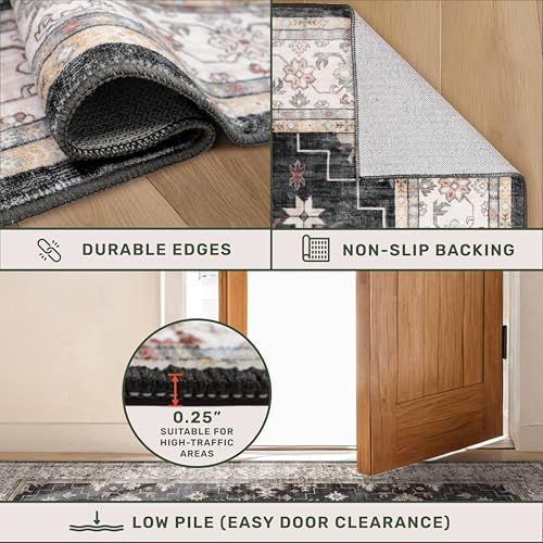Black Boho Living Room Rug 5x7, Washable Dark Vintage Moody Low Pile Non Slip Carpet for Bedroom, Dinning Room, Office, Farmhouse, Retro Area Rug Indoor Decor (5x7 Black/Multi) - Image 5