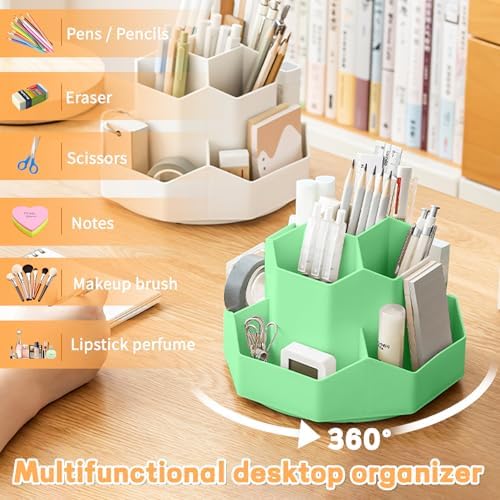 Pencil Pen Holder for Desk,9 Slots 360 Degree Rotating Desk Organizers,Desktop Storage Stationery Supplies Organizer, Cute Pencil Cup Pot For Office, School, Home(Green) - Image 2