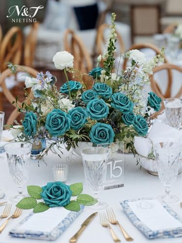Artificial Flowers Real Touch Fake Rose with Stem Decor,25Pcs-Peacock Green - Image 2