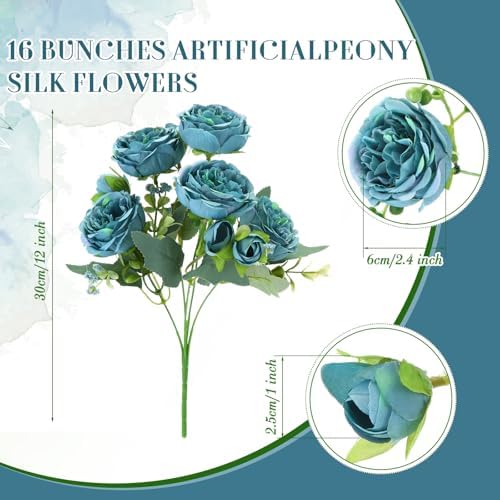 Geosar 16 Bundles Artificial Peonies Flowers,Teal - Image 2
