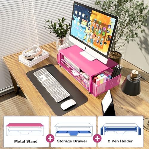 OPNICE Desk Organizers and Accessories, Computer Monitor Stand Riser with Drawer and 2 Pen Holders, Printer & Laptop Stand, Office Desk Accessories & Workspace Organizers for Home Office Supplies, Carmine Rose - Image 6