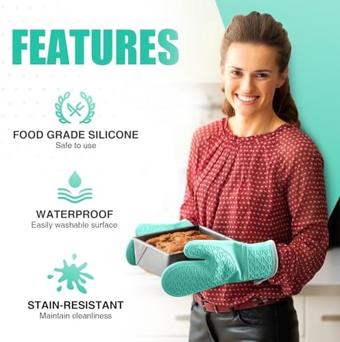Silicone Oven Mitts, Heat Resistant 2PCS Oven Mitts with Soft Cotton Lining, Waterproof Non-Slip Grip Oven Glove, Kitchen Potholder Mits for BBQ, Baking, Cooking, 12.5 Inch - Green - Image 4