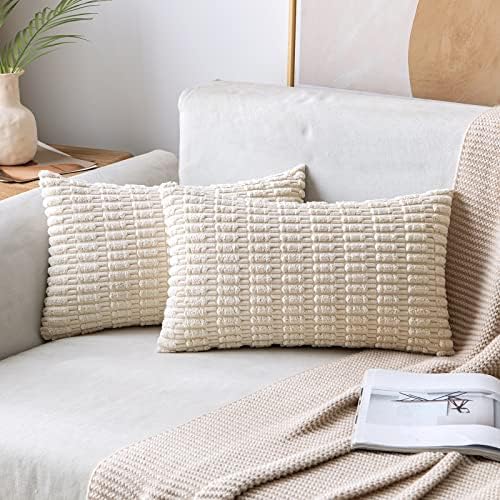 MIULEE Lumbar Corduroy Decorative Throw Pillow Covers 24x14 Cream White by MIULEE