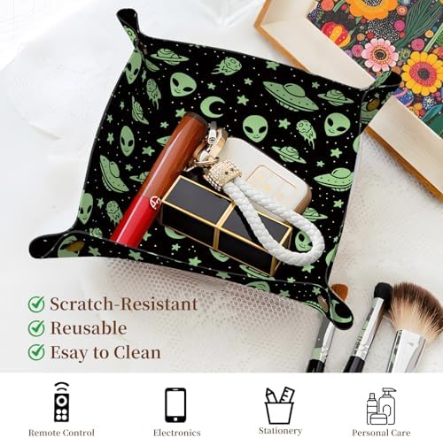 PU Leather Jewelry Valet Tray, Portable Catchall Tray for Keys, Wallet, Watch, Travel Organizer for Nightstand Desk Entryway Home Decor Gift for Women Men Green Aliens - Image 2