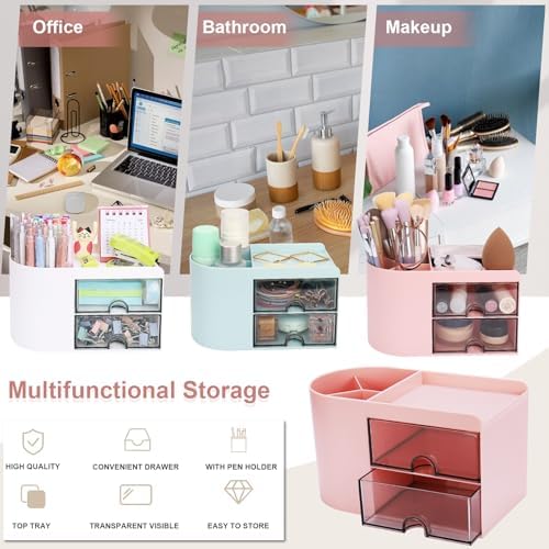 Meiikun Desk Organizer with Drawer, Pen Organizer for Desk, Small Pencil Holder, Desk Organizers and Accessories for Office Home Storage (2 Drawers+4 Compartments, Pink) - Image 4