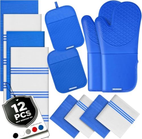 Silicone Oven Mitts and Pot Holders with Kitchen Towels and Dishcloths Sets, Baking Gloves Hot Pads 500°F Heat Resistant with Non-Slip Grip Surface, Mitts Set Includes 4 Kitchen Towels/4 Dish Towels by BRONWIDE