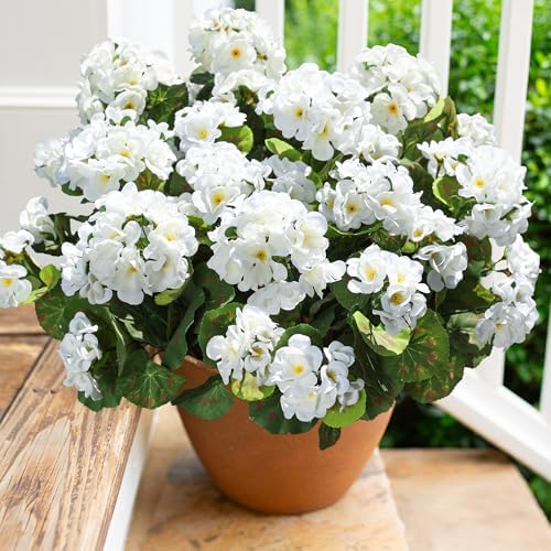 Artificial Geranium Fake Flowers for Outdoors Decoration, 6 Bundles Silk Geraniums White Flower UV Resistant Look Real Faux Plants for Front Door Garden Porch Planter Patio Balcony Yard Indoor Home by HyeFloraartificialflowers