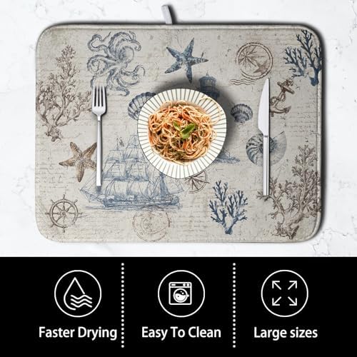 Nautical Coastal Dish Drying Mat for Kitchen Counter Summer Ocean Sailboat Starfish Seashell Absorbent Microfiber Dish Mat Reusable Washable Dish Drainer Rack Mat 18x24 Inch - Image 4