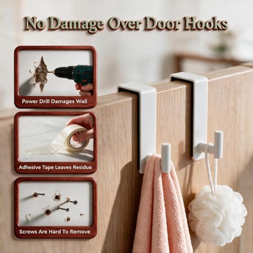 2-Pack Over The Door Hooks - Stainless Steel Rustproof Door Hangers Non-Marking and Tool-Free Easy Install​​ Organizer Towel Rack for 1-3/4 Inch Doors, - Image 3