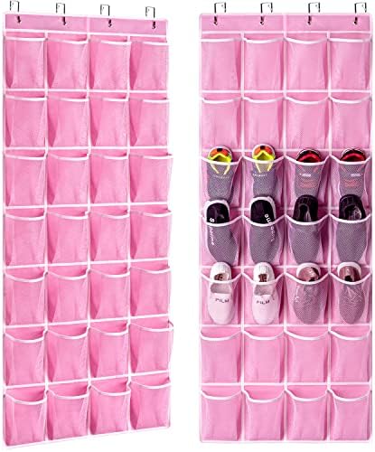 KEEPJOY 28 Pocket Over The Door Shoe Organizer, 2Pack Hanging Shoe Organizer for Door, Hanging Door Shoe Holder Rack with Mesh Pockets Large Size 65 x 23 inch (Pink-2Pack) by KEEPJOY