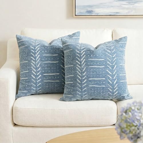 BlissBlush Coastal Blue Decorative Throw Pillow Covers 20x20 Set of 2, Soft Woven Chenille Accent Pillow Covers for Couch Sofa Bed, Textured Farmhouse Cushion Covers for Living Room by BlissBlush