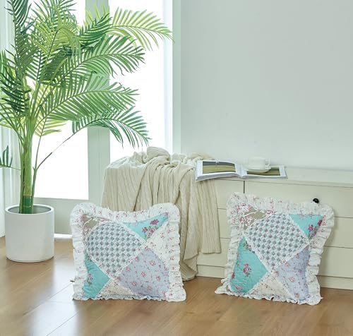 Brilliant Sunshine Blue & Green Roses Ruffle Pillowshams Set, 18"x18" - Image 4