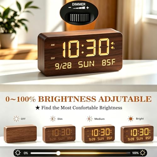 Wooden Digital Alarm Clock for Bedroom - Desk Clock with Date, Day of Week, Temperature, Dual Alarms, Dimmer, USB Port Charge, DST, Adjustable Volume for Living Room/Office Wood Decor (Brown) - Image 4
