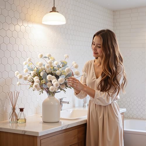 Alupssuc 16Pcs Faux Silk Mums Artificial Flowers with Eucalyptus White - Image 4
